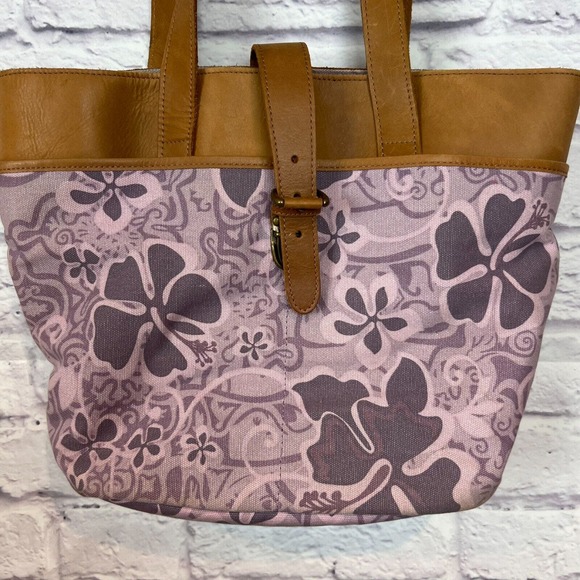 LL Bean Vintage 90s Purple Floral Hawaiian Canvas and Leather Tote Bag Y2K EUC - Picture 2 of 11